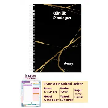 Siyah - Gold Günlük Planlayıcı Defter - Ders Çalışma Planlayıcı Defteri - Planlama Defteri