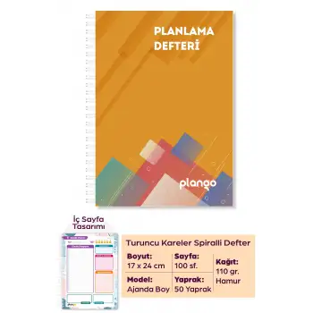 Turuncu Kareler Günlük Planlayıcı Defter -  Ders Çalışma Planlayıcı Defteri - Planlama Defteri