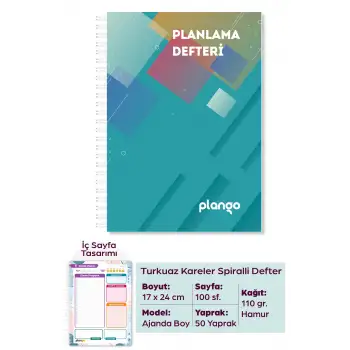 Turkuaz Kareler Günlük Planlayıcı Defter - Ders Çalışma Planlayıcı Defteri - Planlama Defteri