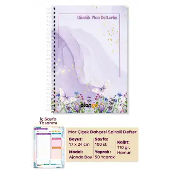 Mor Çiçek Bahçesi Spiralli Günlük Planlama Defteri - 100 Sayfa - 17x24 Planlayıcı Defter