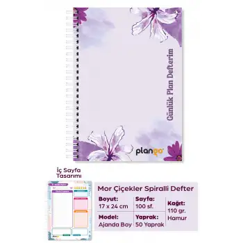 Mor Çiçekler Spiralli Günlük Planlama Defteri - 100 Sayfa - 17x24 Planlayıcı Defter