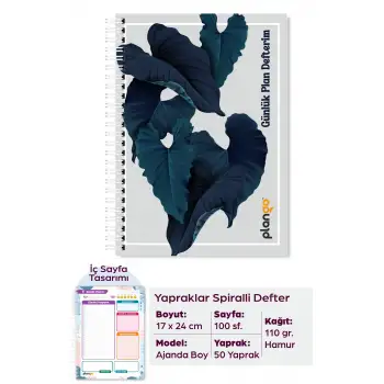 Yapraklar Spiralli Günlük Planlama Defteri - 100 Sayfa - 17x24 Planlayıcı Defter