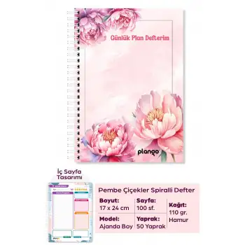 Pembe Çiçekler Spiralli Günlük Planlama Defteri - 100 Sayfa - 17x24 Planlayıcı Defter