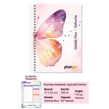 Pembe Kelebek Spiralli Günlük Planlama Defteri - 100 Sayfa - 17x24 Planlayıcı Defter