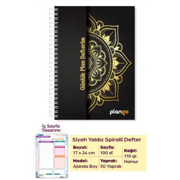 Siyah Yaldız Spiralli Günlük Planlama Defteri - 100 Sayfa - 17x24 Planlayıcı Defter
