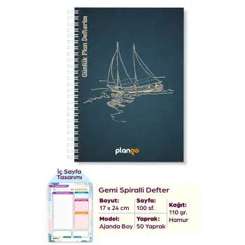 Gemi Spiralli Spiralli Günlük Planlama Defteri - 100 Sayfa - 17x24 Planlayıcı Defter