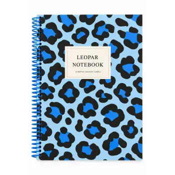17x24 Spiralli Leopar Desen Sert Kapak Defter - MAVİ (Kareli - 100 Yaprak)