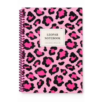 17x24 Spiralli Leopar Desen Sert Kapak Defter - PEMBE (Kareli - 100 Yaprak)