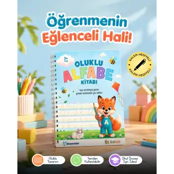 Oluklu Alfabe Yazı Kitabı - Sihirli Uçan Kalem Hediyeli - Kabartmalı Yazı Defteri ile Alfabeyi Hızla Öğren