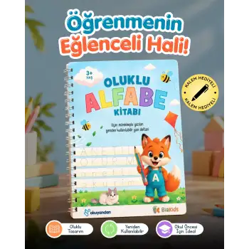 Oluklu ALFABE Yazı Kitabı - Sihirli Uçan Kalem Hediyeli - Kabartmalı Yazı Defteri ile Alfabeyi Hızla Öğren