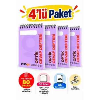 Optik Cevap Defteri MOR  80 Soru - A5 Boy (4 Adet - 200 Sayfa) Sınava Hazırlık Optik Form Defteri - Plango
