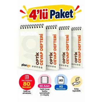 Optik Cevap Defteri KUM BEYAZI 80 Soru - A5 Boy (4 Adet - 200 Sayfa) Sınava Hazırlık Optik Form Defteri - Plango