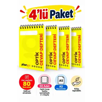 Optik Cevap Defteri SARI 80 Soru - A5 Boy (4 Adet - 200 Sayfa) Sınava Hazırlık Optik Form Defteri - Plango