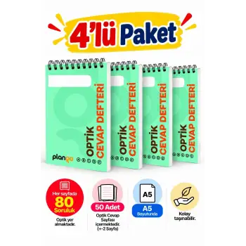 Optik Cevap Defteri YEŞİL 80 Soru - A5 Boy (4 Adet - 200 Sayfa) Sınava Hazırlık Optik Form Defteri - Plango
