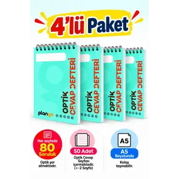 Optik Cevap Defteri TURKUAZ 80 Soru - A5 Boy (4 Adet - 200 Sayfa) Sınava Hazırlık Optik Form Defteri - Plango