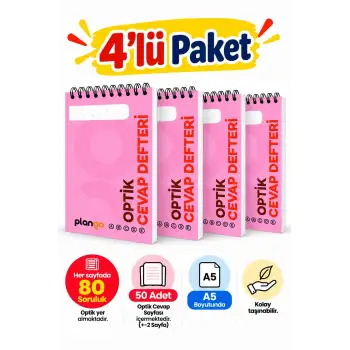 Optik Cevap Defteri PUDRA 80 Soru - A5 Boy (4 Adet - 200 Sayfa) Sınava Hazırlık Optik Form Defteri - Plango