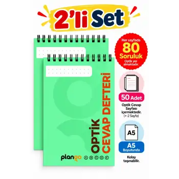 Optik Cevap Defteri YEŞİL 80 Soru - A5 Boy (2 Adet - 100 Sayfa) Sınava Hazırlık Optik Form Defteri - Plango