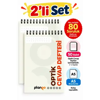 Optik Cevap Defteri KUM BEYAZI 80 Soru - A5 Boy (2 Adet - 100 Sayfa) Sınava Hazırlık Optik Form Defteri - Plango