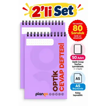 Optik Cevap Defteri MOR  80 Soru - A5 Boy (2 Adet - 100 Sayfa) Sınava Hazırlık Optik Form Defteri - Plango