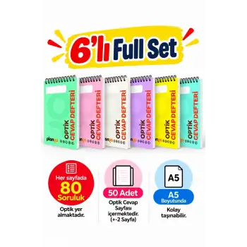 Optik Cevap Defteri 6 Renk KARMA SET 80 Soru - A5 Boy (6 Adet - 300 Sayfa) Sınava Hazırlık Optik Form Defteri - Plango