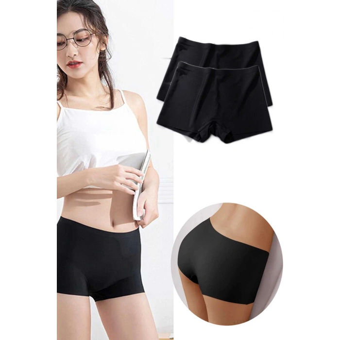 2 Adet Kadın Dikişsiz Görünmez İz Yapmaz Mini Şort Boxer Siyah