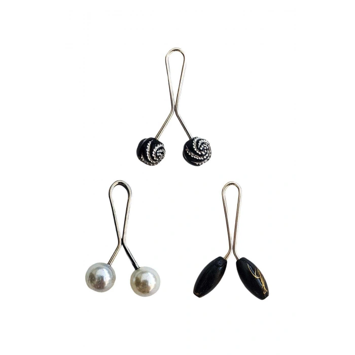 3 Adet Tesettür Eşarp Ve Şal Klipsi İnci Beyaz Siyah Siyah Desenli