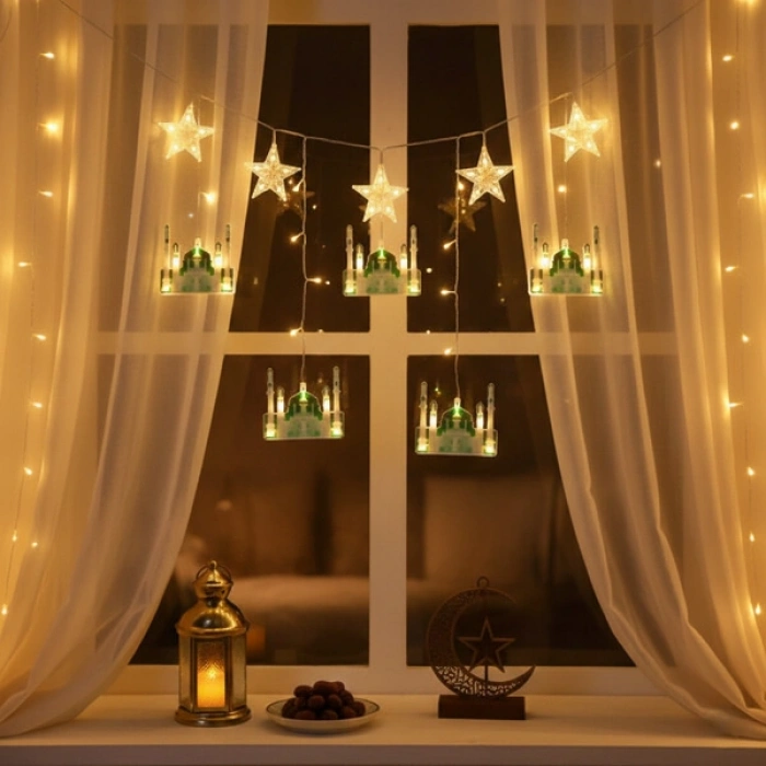 3 mt Fişli Yeşil Cami Yıldız Ramazan Perde LED