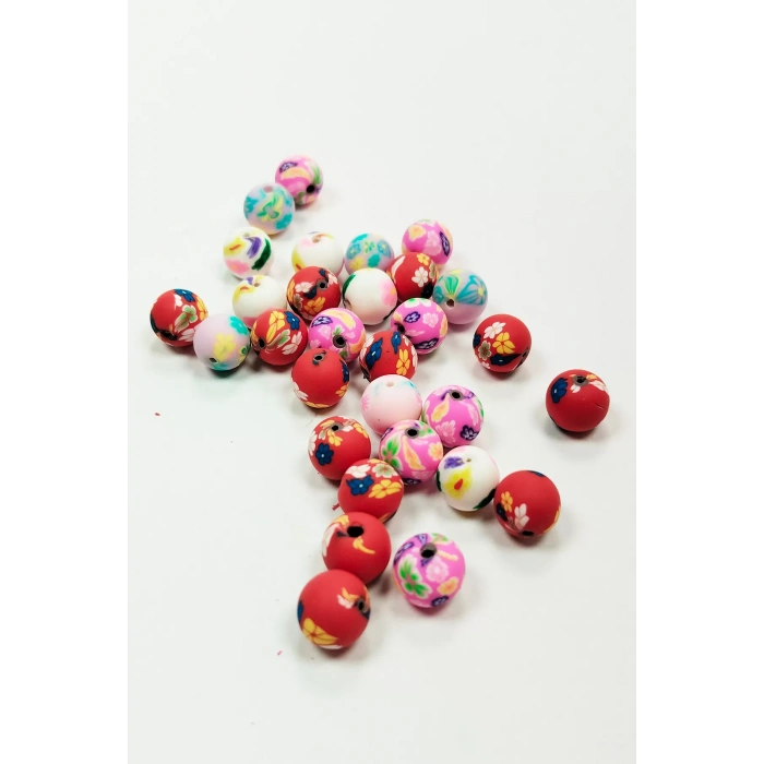 30 Adet 10 Mm Polimer Kil Fimo Boncuk Takı Bileklik + 1 Metre Lastikli Misina Hediye - Desenli Yuvarlak