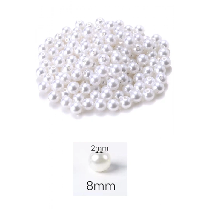 50 Gram 8mm Beyaz Renk Plastik İnci Boncuk Çanta Ve Takı Yapım Boncuğu (~160 Adet)