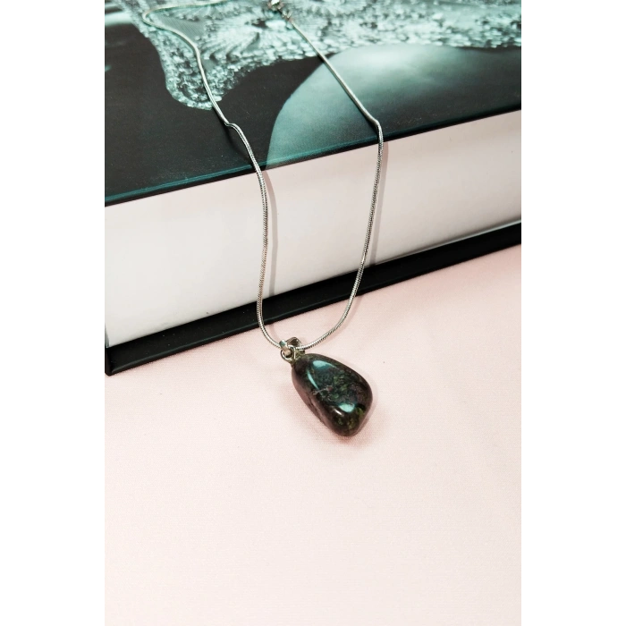 Anyolit Doğal Taşı Zincirli El Yapımı Kolye Uç: 2 Cm Zincir: 20 Cm Kutulu