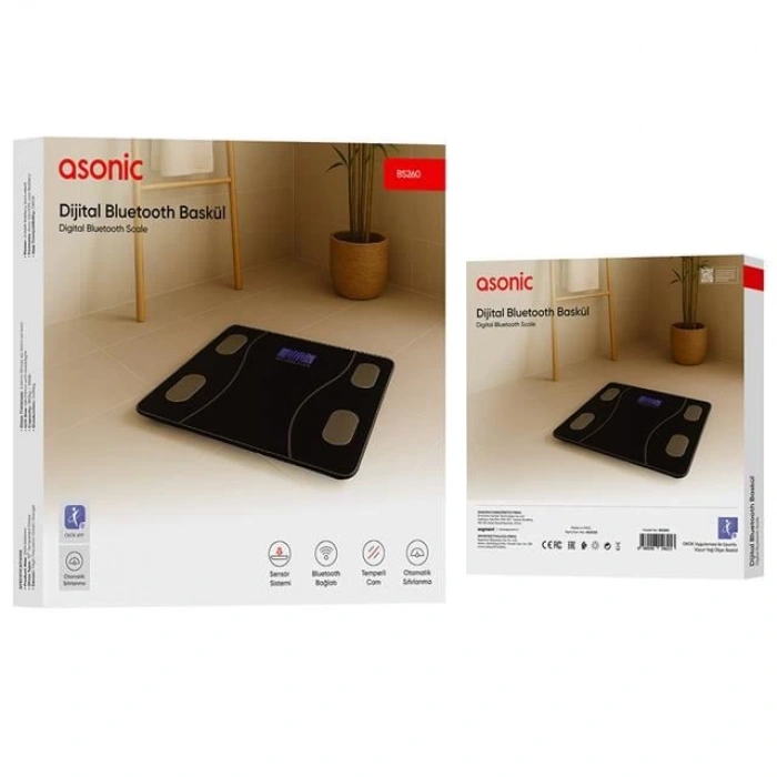 Asonic BS260 Siyah 260x260 Mm Dijital Bluetooth Baskül (2*AAA Pil Hediyeli)