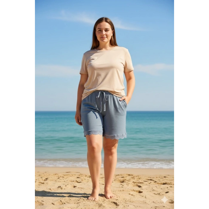 Bambu Fitilli Kadın Ev Şortu Bacak Dantel Detaylı Ev Giyim Gri