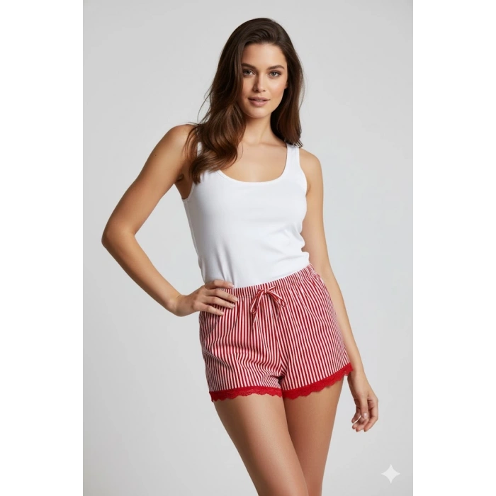 Çizgili Penye Kadın Ev Şortu Bacak Dantel Detaylı Ev Giyim Kırmızı