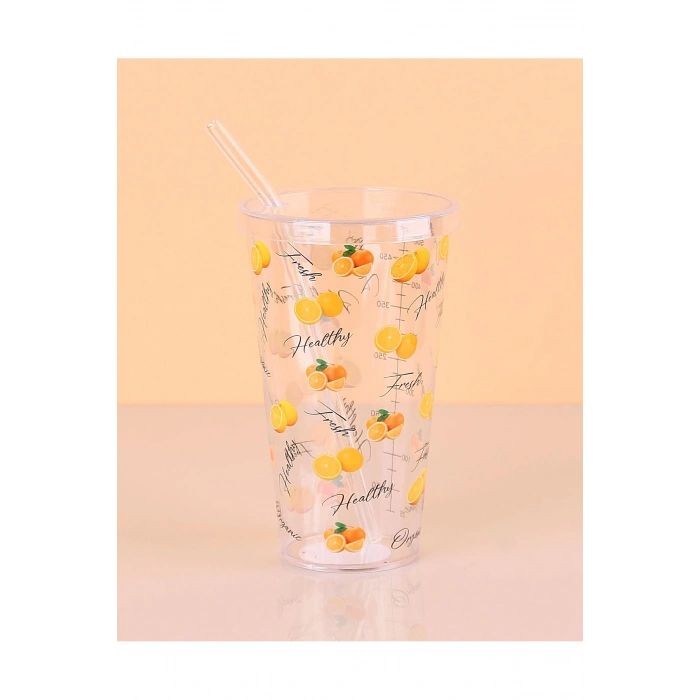 Desenli Plastik Pipetli Bardak 16 Cm 1 Adet Royaleks-enf-040