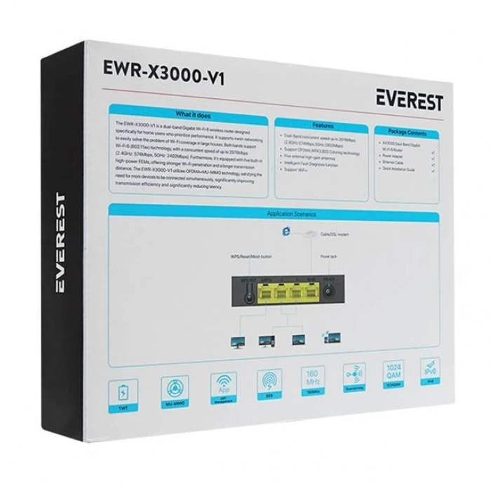 Everest EWR-X3000MBPS-V1 X3000Mbps Dualband 5*6dBi 1 Wan Port + 3 Lan Port Wi-Fi 6 Wisp+Ap+Repeater Destekli Kablosuz Wifi Router