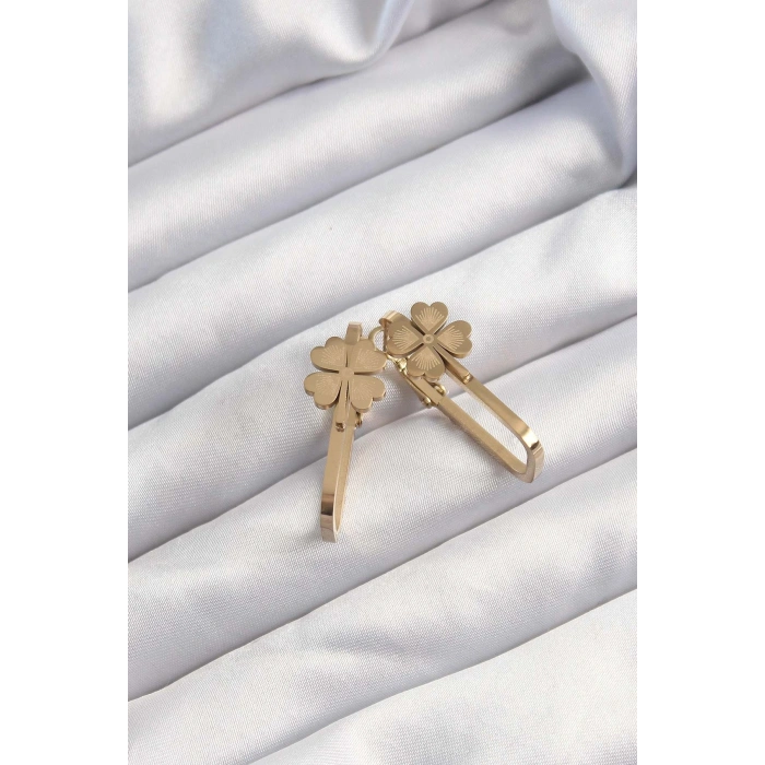 HarmonyAura 316L Çelik Altın Renk Geometrik Yonca Model Küpe