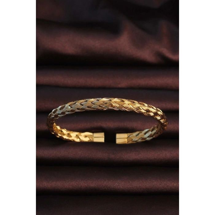 HarmonyAura 316L Çelik Altın Renk Kalın Yassı Örgü Model Erkek Bileklik