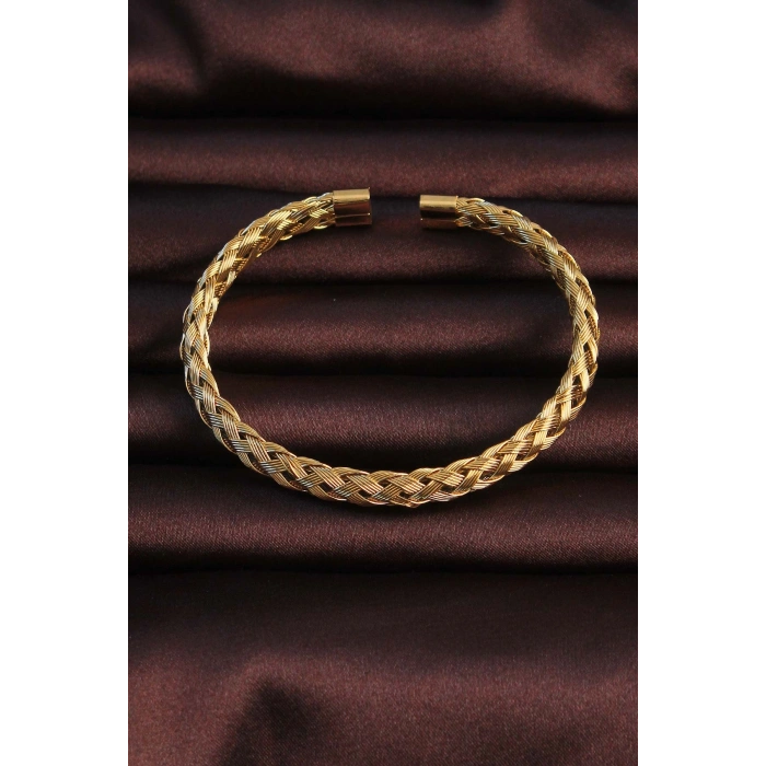 HarmonyAura 316L Çelik Altın Renk Kalın Yassı Örgü Model Erkek Bileklik