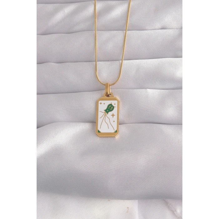 HarmonyAura 316L Çelik Gold Renk Beyaz Mineli Tarot Kolye