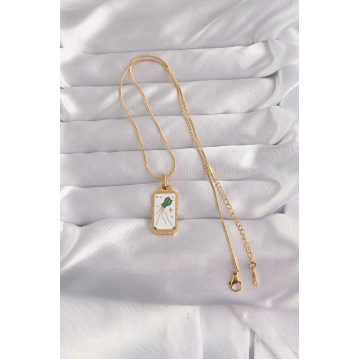 HarmonyAura 316L Çelik Gold Renk Beyaz Mineli Tarot Kolye