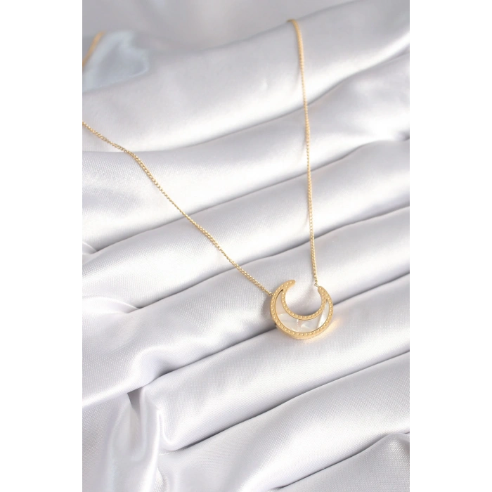 HarmonyAura 316L Çelik Gold Renk Beyaz Sedefli Hilal Model Kadın Kolye