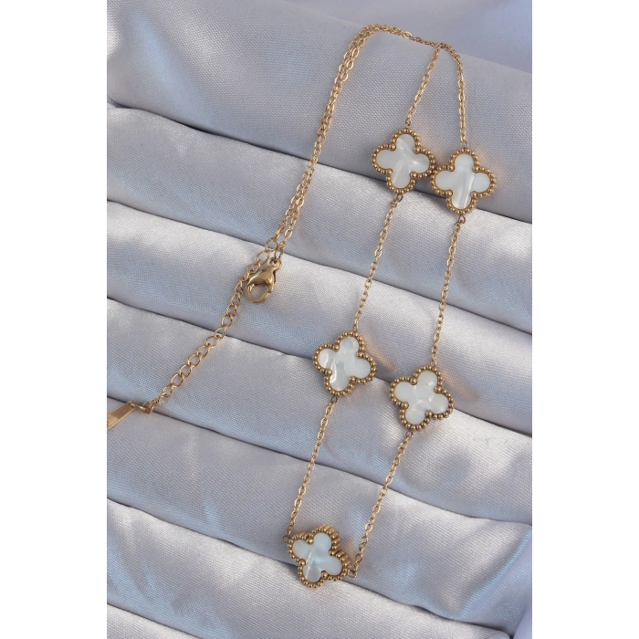 HarmonyAura 316L Çelik Gold Renk Beyaz Sedefli Yonca Kolye