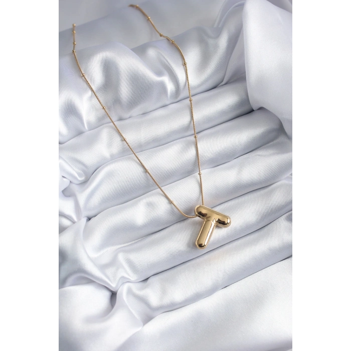 HarmonyAura 316L Çelik Gold Renk Bubble T Harf Model Kadın Kolye