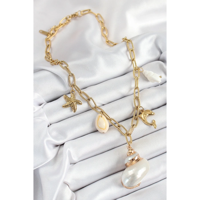 HarmonyAura 316L Çelik Gold Renk Deniz Kabuğu ve Yıldızı Konseptli Kadın Kolye