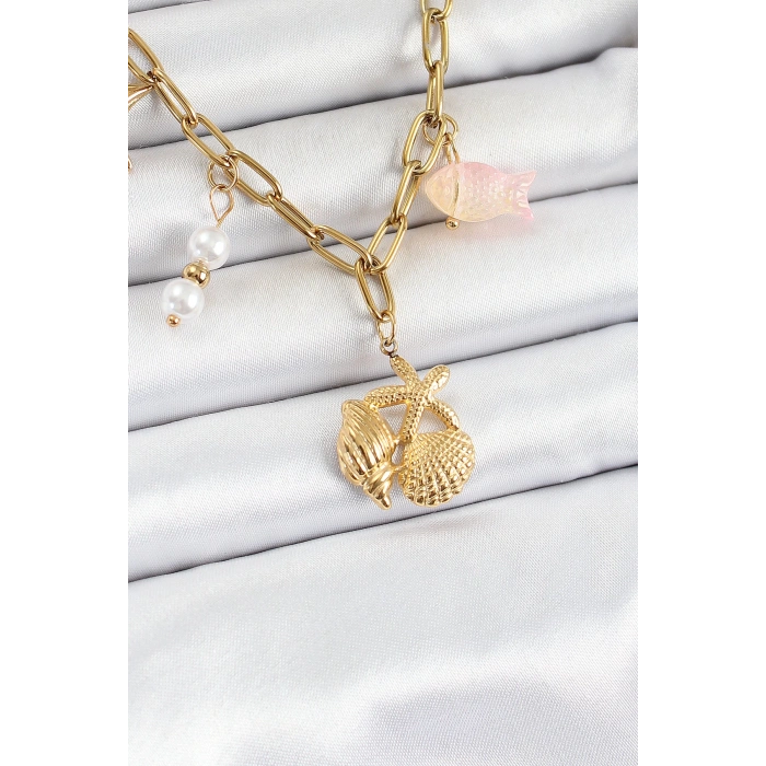 HarmonyAura 316L Çelik Gold Renk Deniz Yıldızı ve Deniz Kabuğu Konsept Kadın Kolye