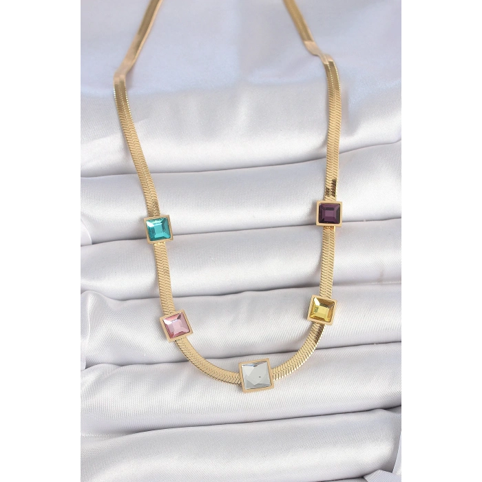 HarmonyAura 316L Çelik Gold Renk İtalyan Zincir Model Kare Renkli Zirkon Taşlı Kadın Kolye