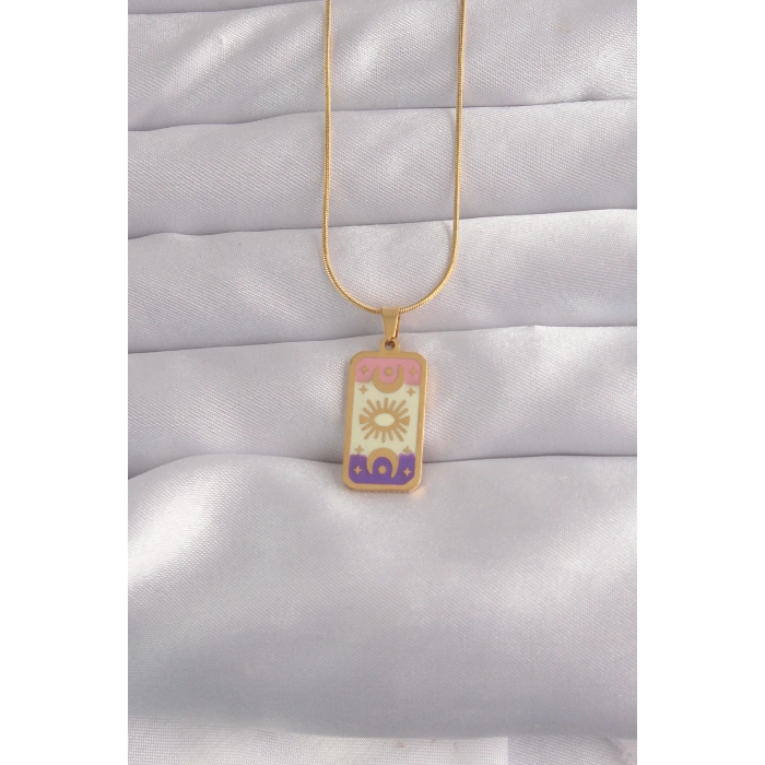 HarmonyAura 316L Çelik Gold Renk Karışık Mineli Ay Figür Tarot Kolye