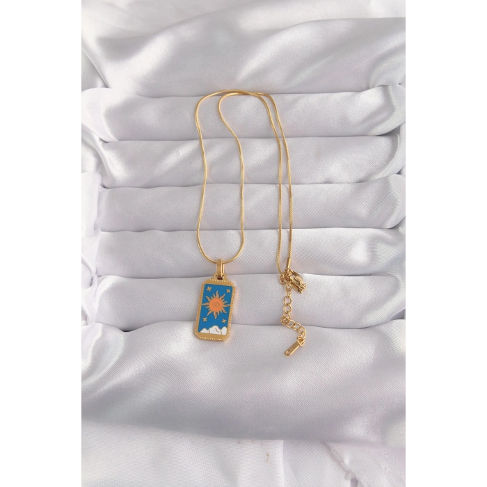 HarmonyAura 316L Çelik Gold Renk Mavi Mineli Güneş Model Tarot Kolye