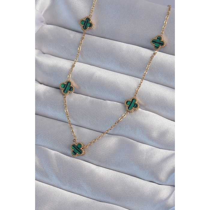 HarmonyAura 316L Çelik Gold Renk Minimal Yeşil Mineli Yonca Kolye