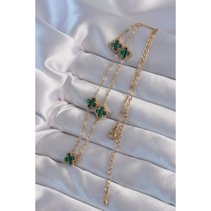 HarmonyAura 316L Çelik Gold Renk Minimal Yeşil Mineli Yonca Kolye